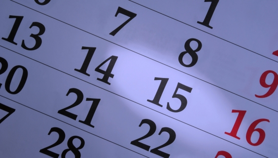 Nærbillede af violet kalender med sorte og røde datoer